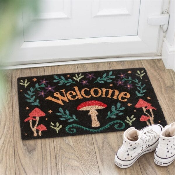 Felpudo de Entrada "Welcome" con Setas Rojas – Alfombra de Fibra de Coco Estilo Bosque Místico
