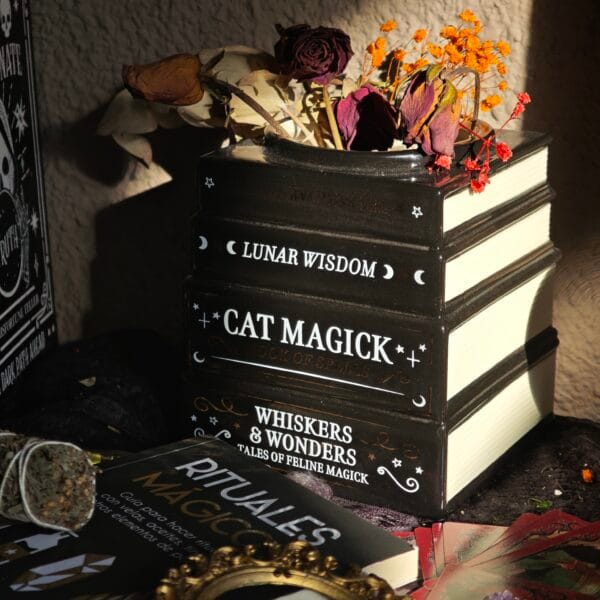 Jarrón "Black Cat Magick" – Apilado de Libros Gótico