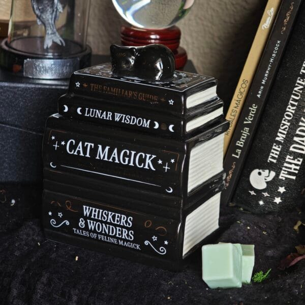 Quemador de Esencias "Gato Negro sobre Libros" – Quemador de Aceite Cerámico Estilo Místico y Brujil