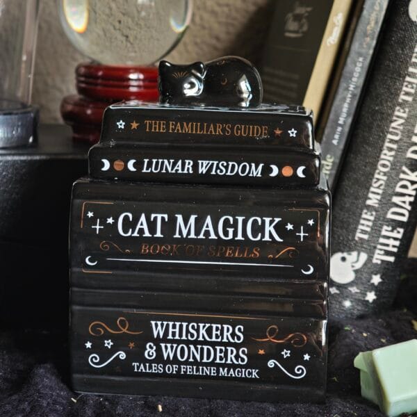 Quemador de Esencias "Gato Negro sobre Libros" – Quemador de Aceite Cerámico Estilo Místico y Brujil