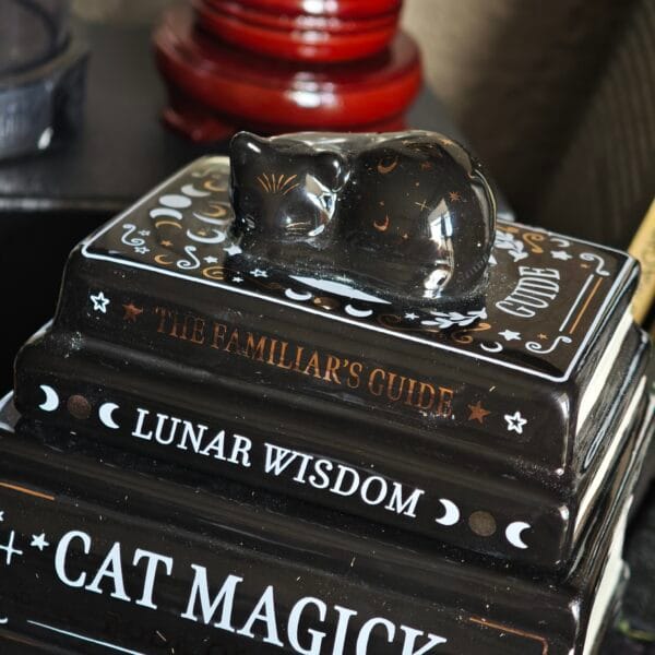 Quemador de Esencias "Gato Negro sobre Libros" – Quemador de Aceite Cerámico Estilo Místico y Brujil