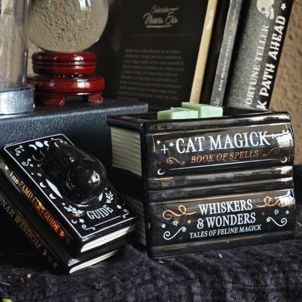 Quemador de Esencias "Gato Negro sobre Libros" – Quemador de Aceite Cerámico Estilo Místico y Brujil